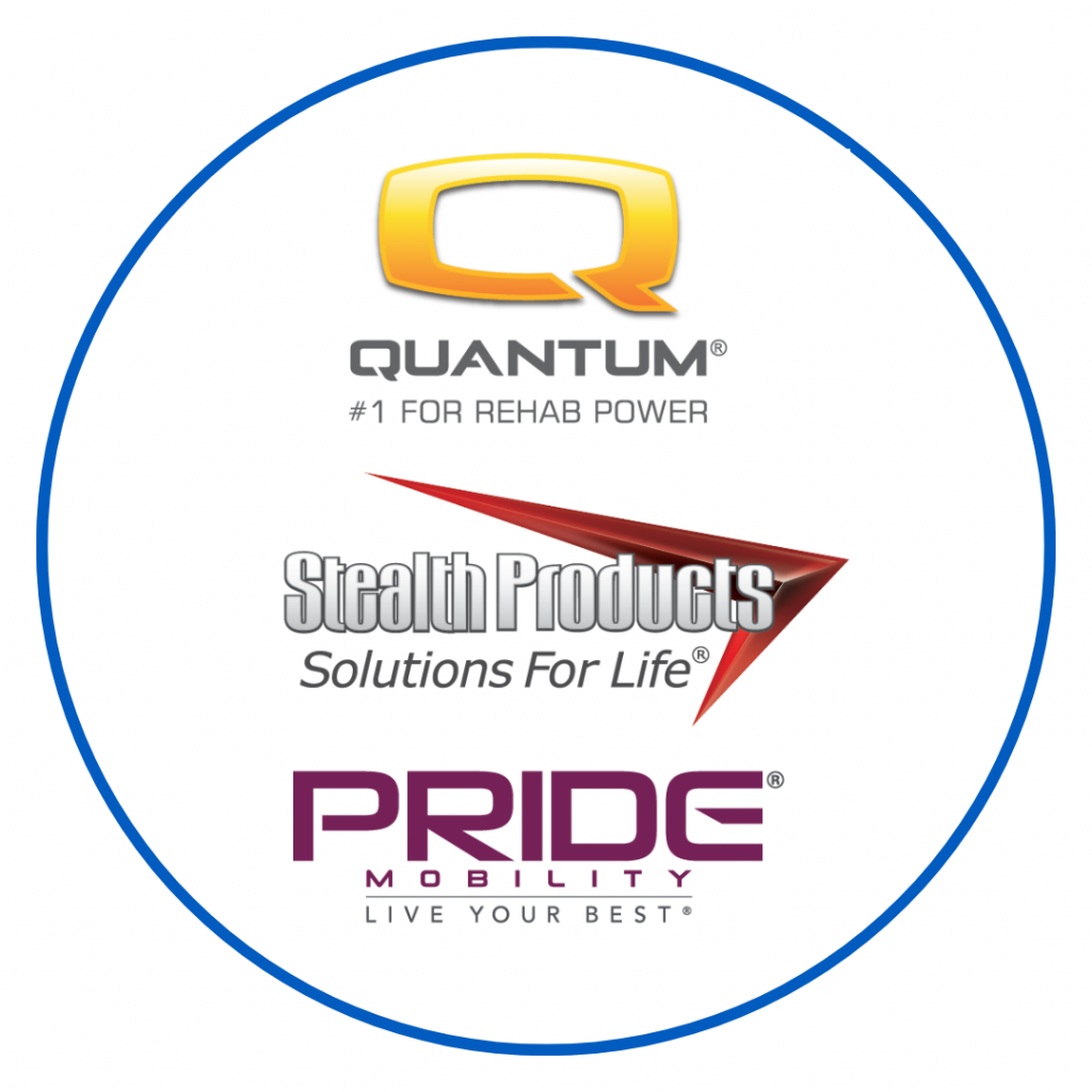 Logos for Quantum, Stealth Products, and Pride Mobility